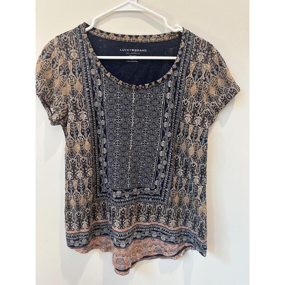 Lucky Brand Women's Medium Mixed Print Paisley Boho Short Sleeve Blouse Top
